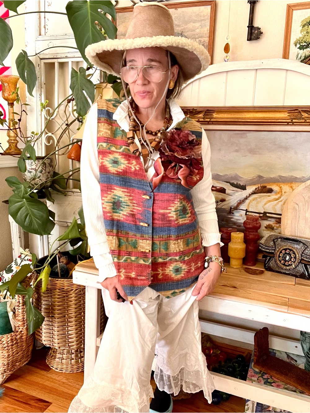 Vintage OOAK Handmade Aztec Southwest Print Cotton Vest With Wood Buttons